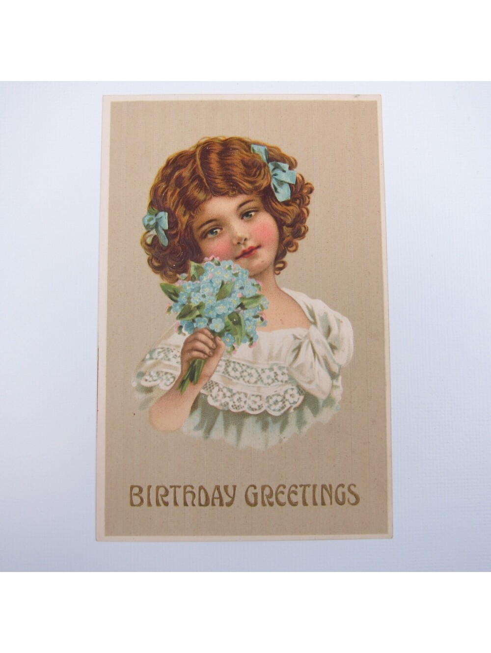Postcard Birthday Greeting Antique Girl White Dress Blue Ribbon Flowers Embossed